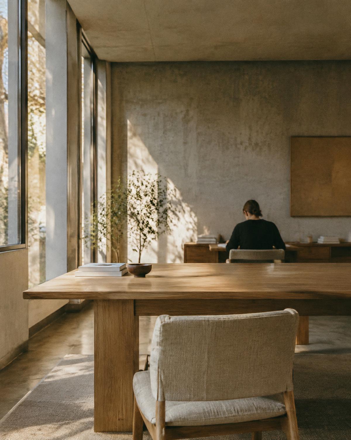 A quiet, sunlit workplace with an oak table and a person working in the distance
